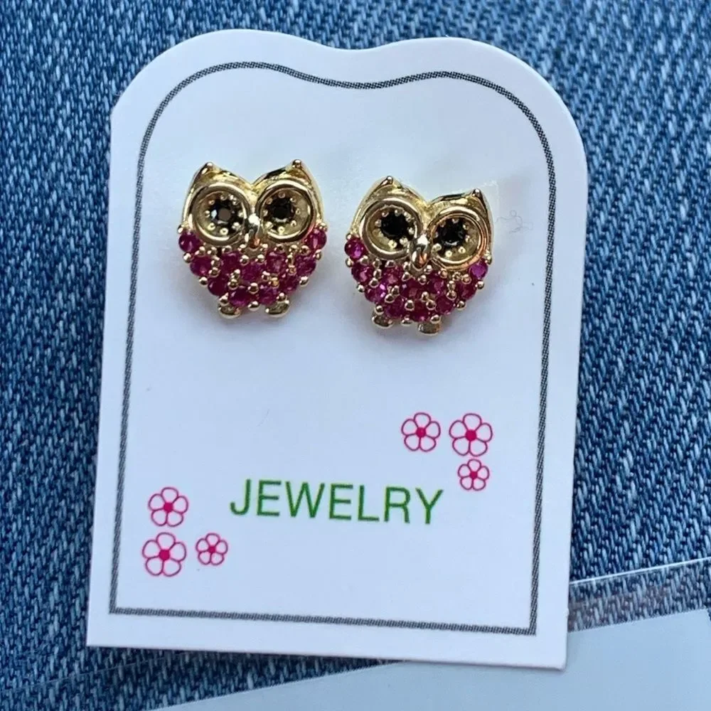 14k gold plated Red Owl CZ Girls Earrings